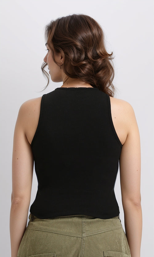 R204588 - Solid Sleeveless Cotton Racer Top - Black