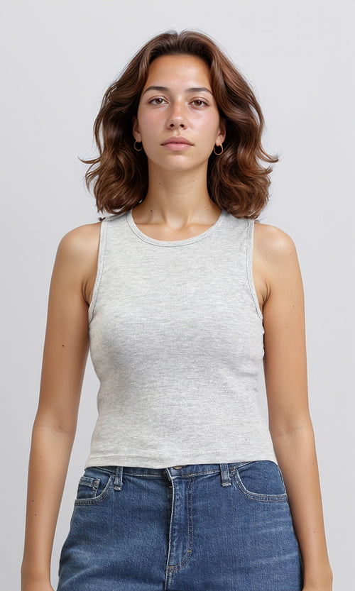 R204590 - Solid Sleeveless Cotton Racer Top - Heather Grey
