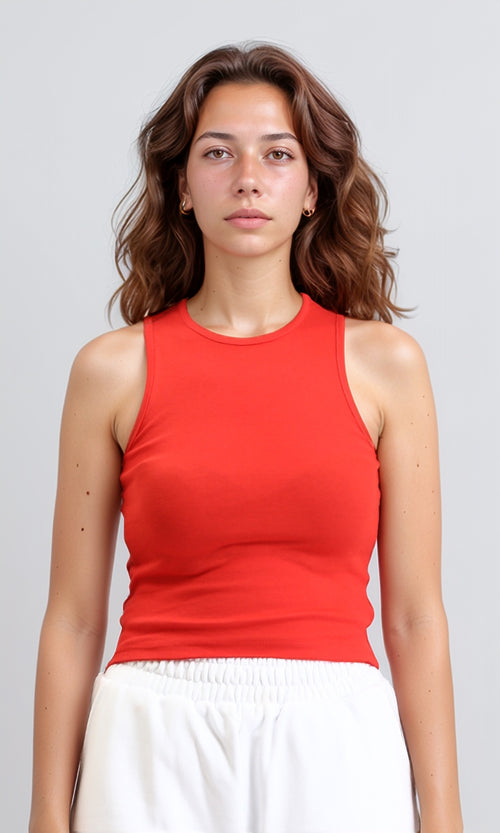 R204591 - Solid Sleeveless Cotton Racer Top - Red