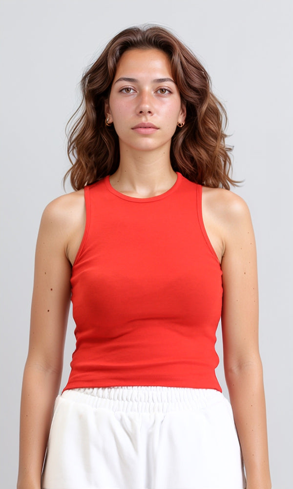 R204591 - Solid Sleeveless Cotton Racer Top - Red