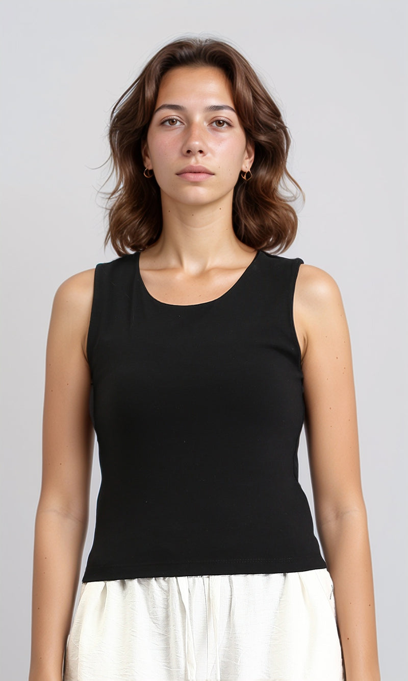 R204592 - Slip On Feminine Solid Tank Top - Black