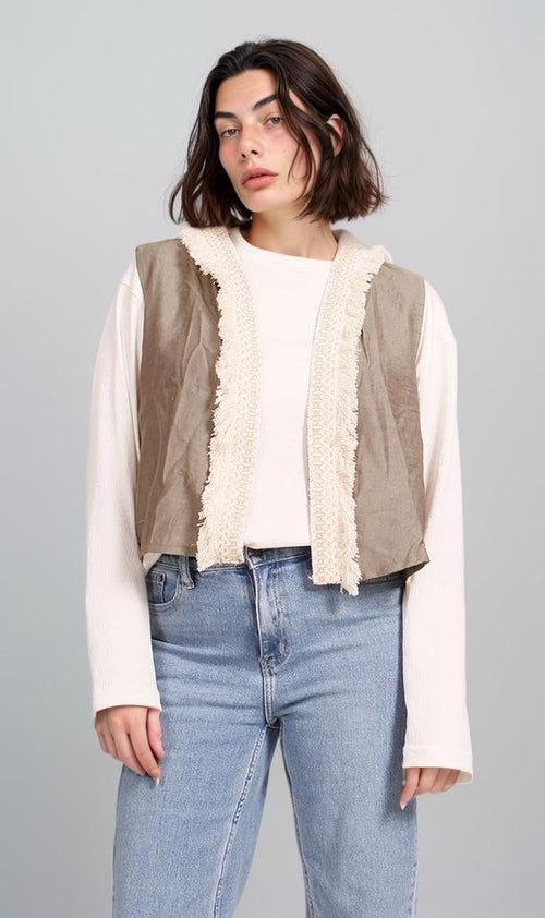 R204593 - Linen Patchwork Vest - Beige & White