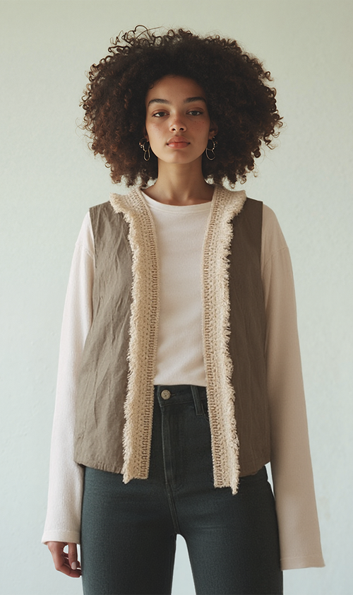 R204593 - Linen Patchwork Vest - Beige & White