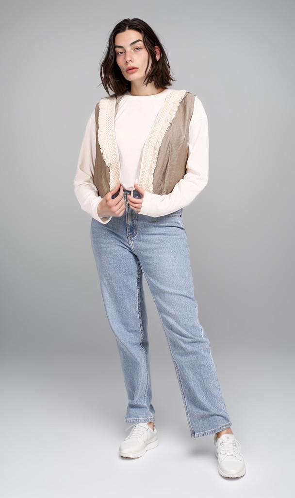 R204593 - Linen Patchwork Vest - Beige & White