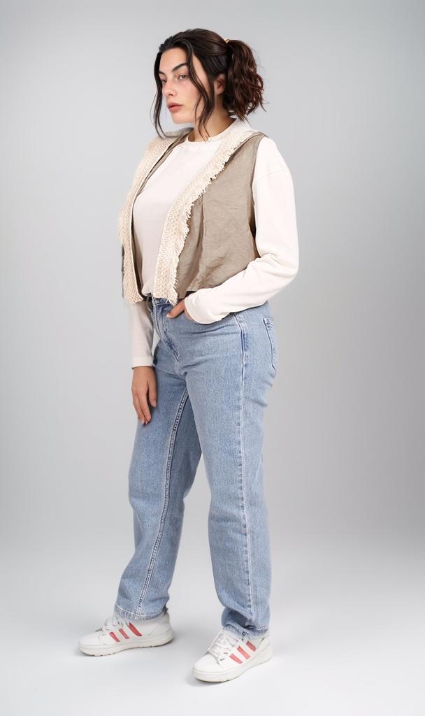 R204593 - Linen Patchwork Vest - Beige & White