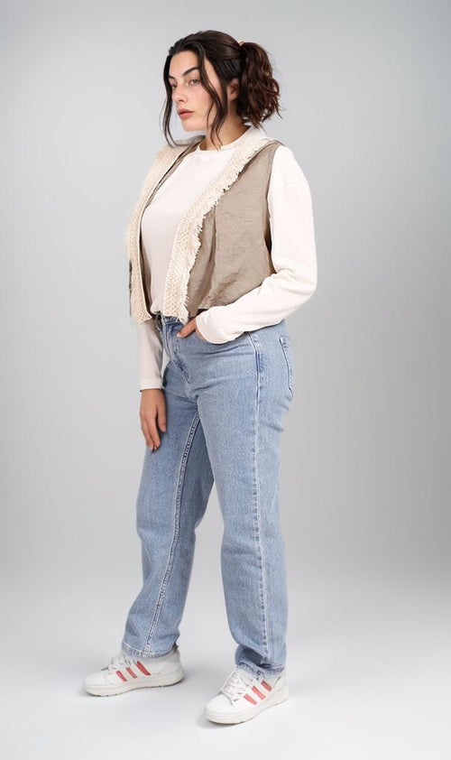 R204593 - Linen Patchwork Vest - Beige & White