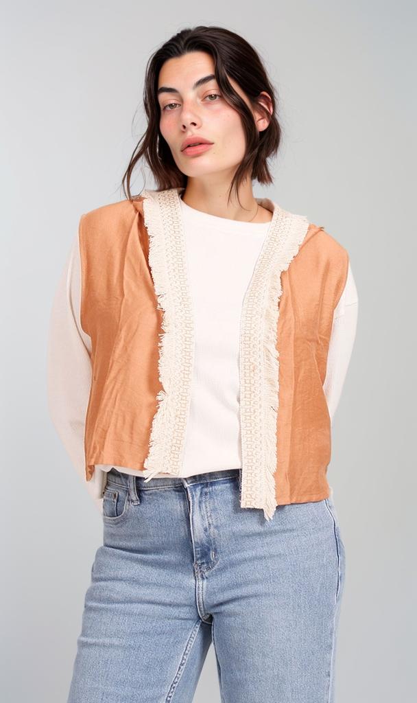 Linen Hooded Sleeveless Vest - Beige & Brown