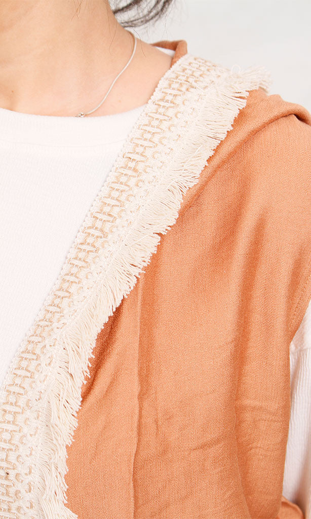 R204594 - Linen Hooded Sleeveless Vest - Beige & Brown
