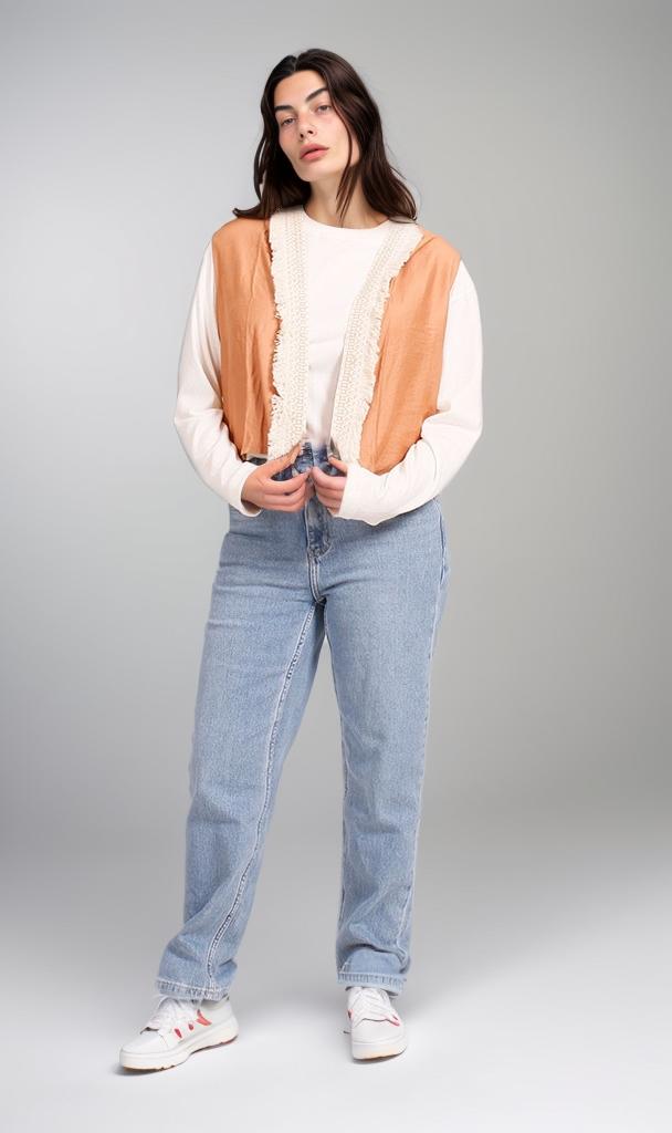 R204594 - Linen Hooded Sleeveless Vest - Beige & Brown