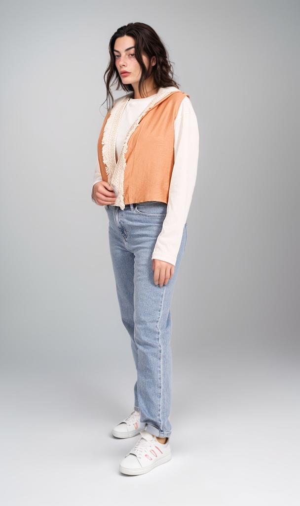 R204594 - Linen Hooded Sleeveless Vest - Beige & Brown
