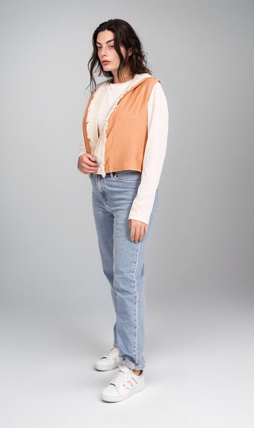 R204594 - Linen Hooded Sleeveless Vest - Beige & Brown