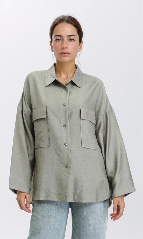R204595 - Long Sleeves Shirt with Front Pockets - Dark Olive