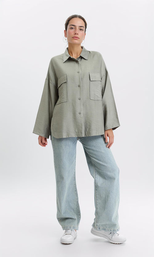 R204595 - Long Sleeves Shirt with Front Pockets - Dark Olive