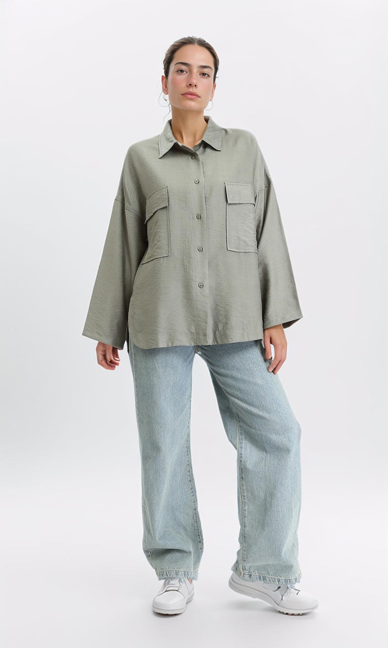 R204595 - Long Sleeves Shirt with Front Pockets - Dark Olive