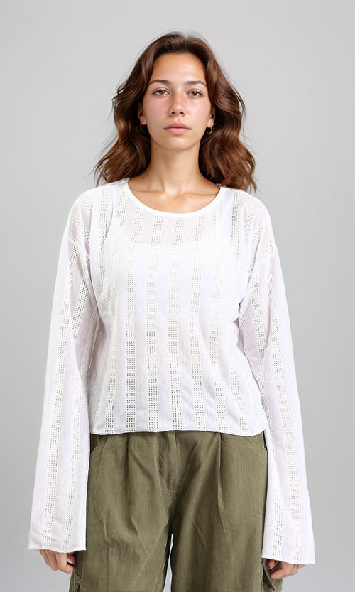 Long Sleeves Perforated Casual Blouse - White