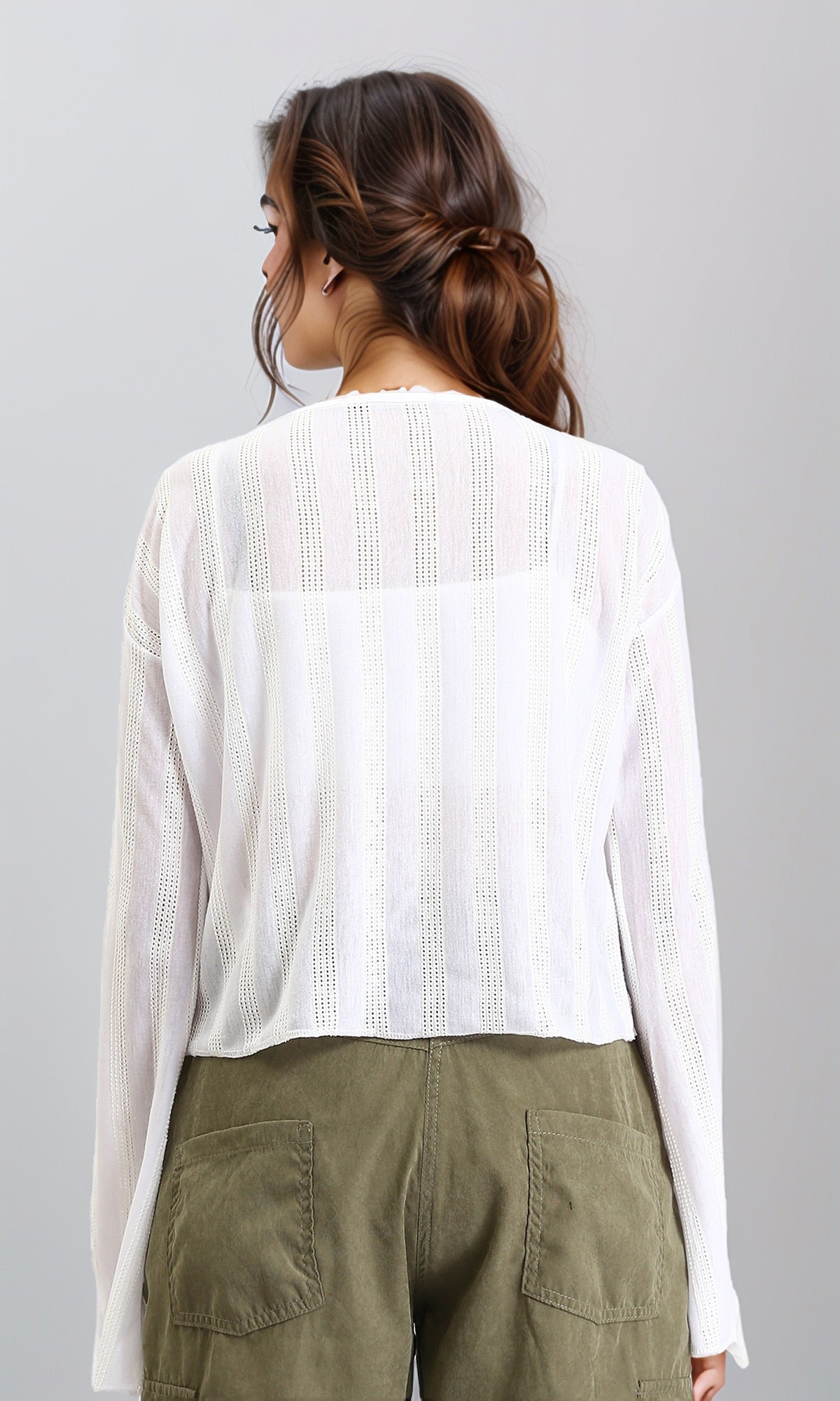 R204603 - Long Sleeves Perforated Casual Blouse - White