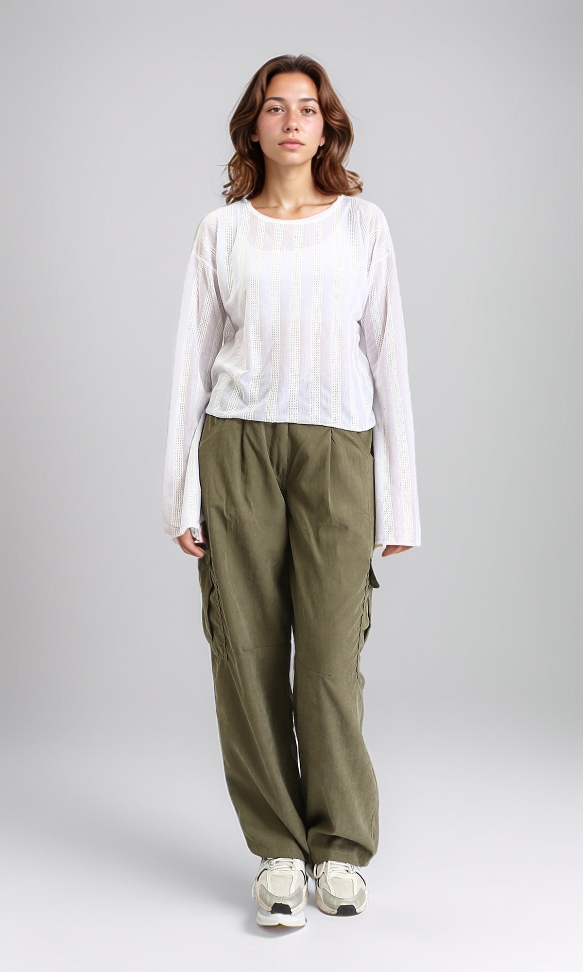 R204603 - Long Sleeves Perforated Casual Blouse - White