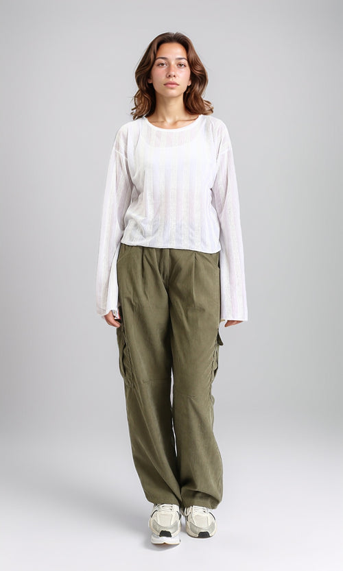 R204603 - Long Sleeves Perforated Casual Blouse - White