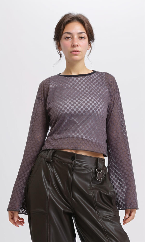 R204604 - Polka Dots Sheer Long Sleeves Top - Dark Grey