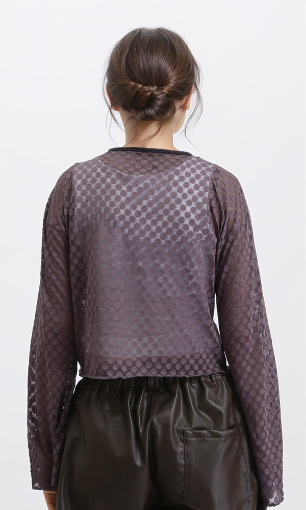 R204604 - Polka Dots Sheer Long Sleeves Top - Dark Grey