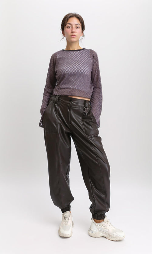 R204604 - Polka Dots Sheer Long Sleeves Top - Dark Grey