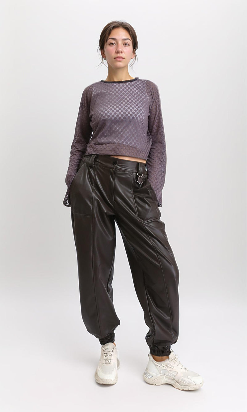 R204604 - Polka Dots Sheer Long Sleeves Top - Dark Grey