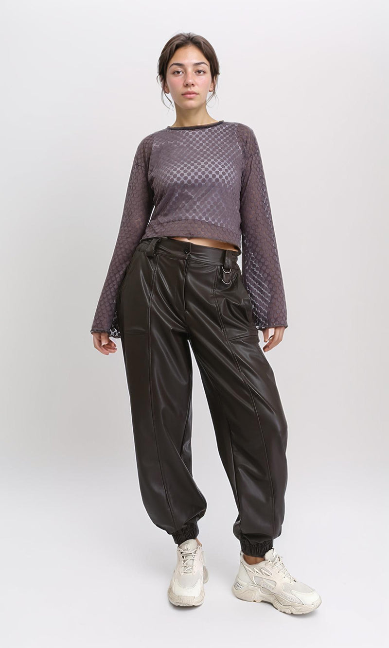 R204604 - Polka Dots Sheer Long Sleeves Top - Dark Grey