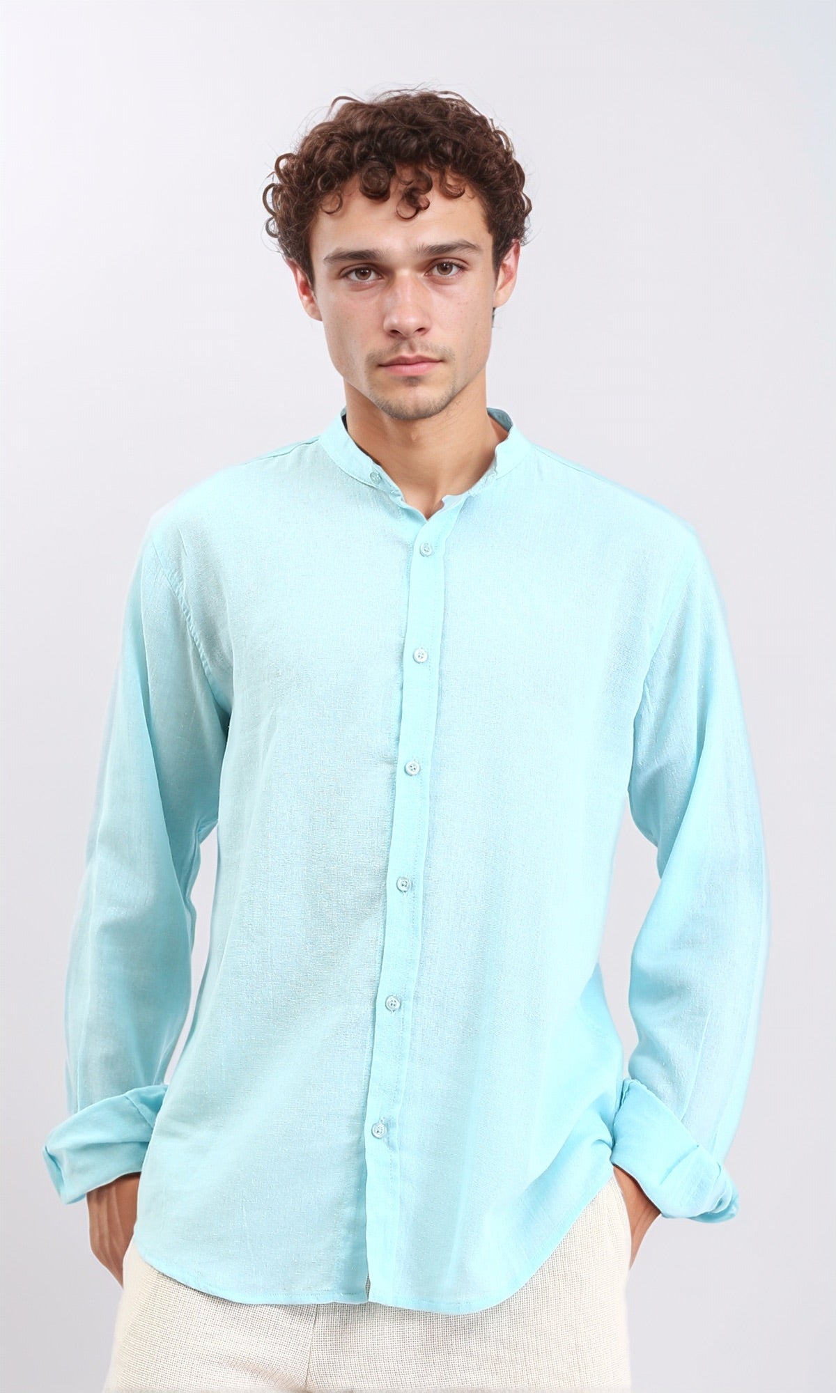 Solid Long Sleeves Rayon Shirt - Aqua