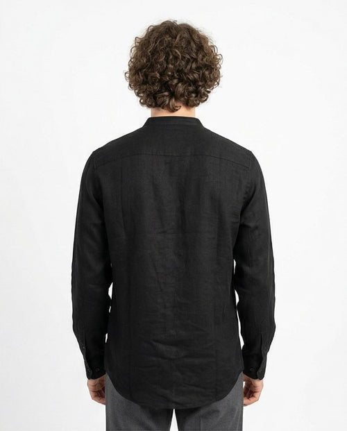 Ravin Men's Band Collar Textured Linen-Look Long Sleeve Shirt - Black - R204678