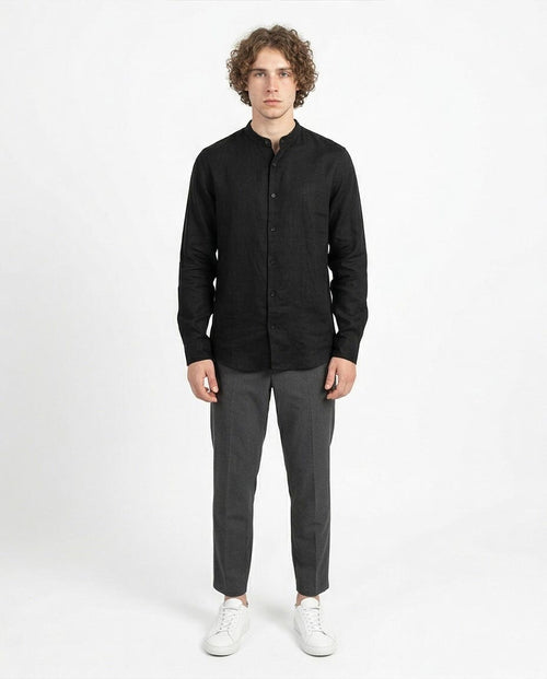 Ravin Men's Band Collar Textured Linen-Look Long Sleeve Shirt - Black - R204678