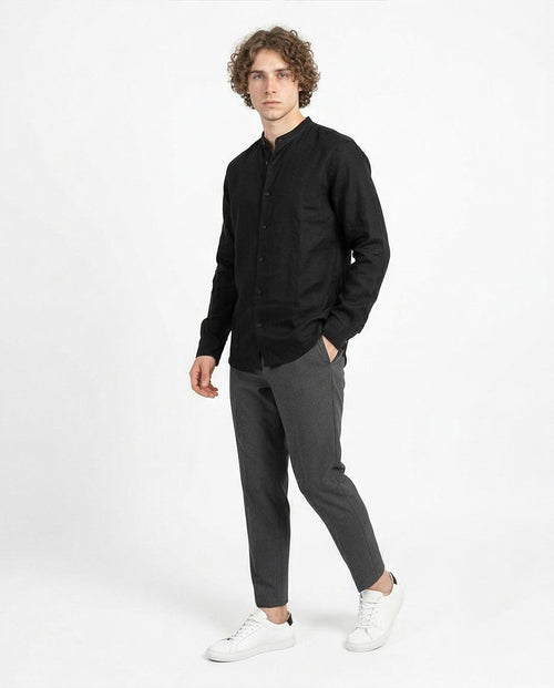 Ravin Men's Band Collar Textured Linen-Look Long Sleeve Shirt - Black - R204678