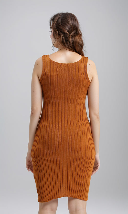 R204687 - Feminine Ribbed Slip On Bodycon Dress - Havana