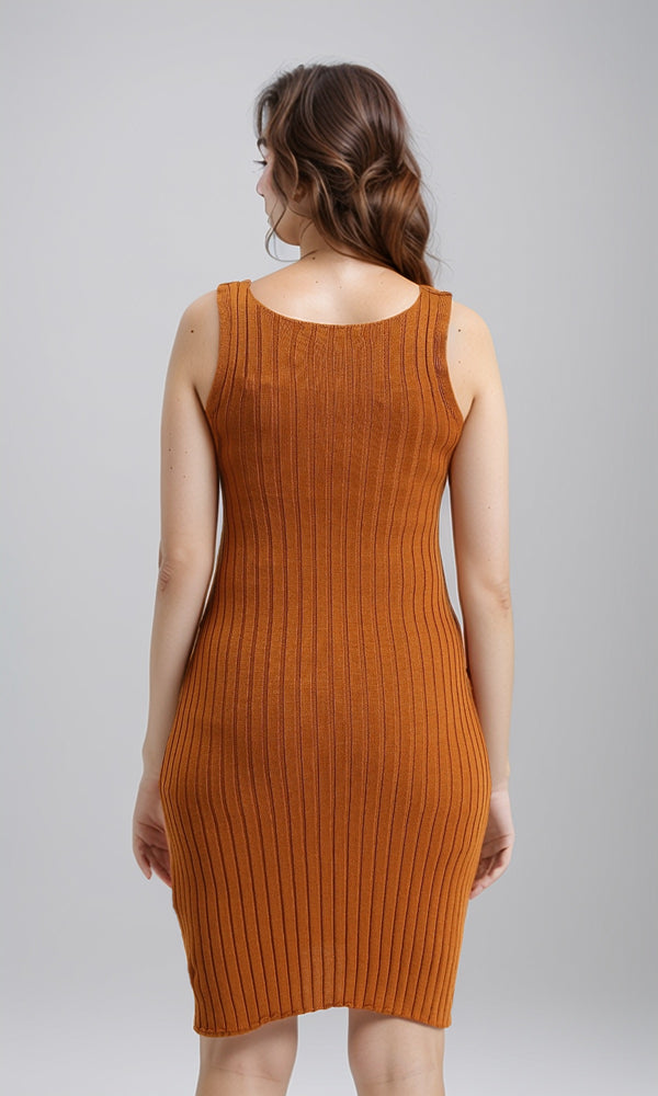 R204687 - Feminine Ribbed Slip On Bodycon Dress - Havana