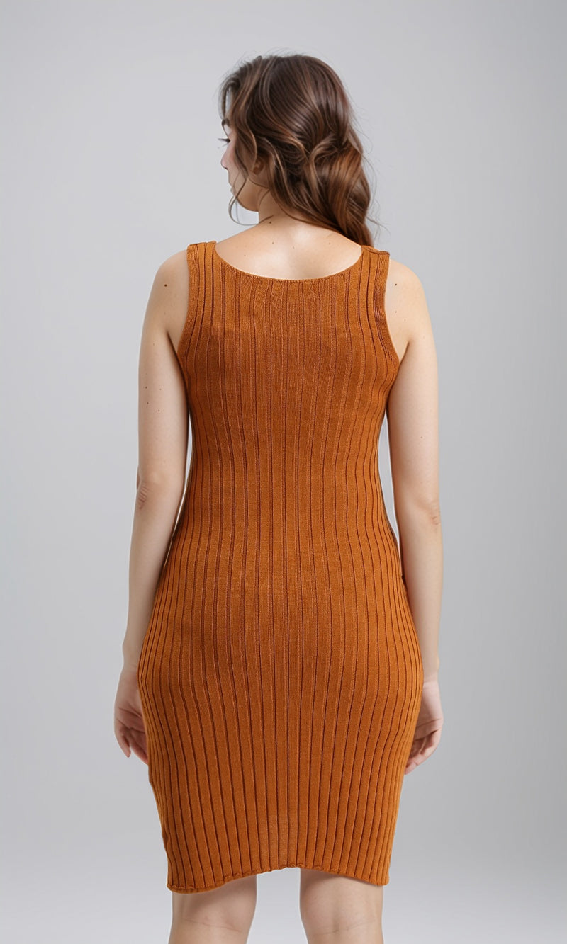 R204687 - Feminine Ribbed Slip On Bodycon Dress - Havana