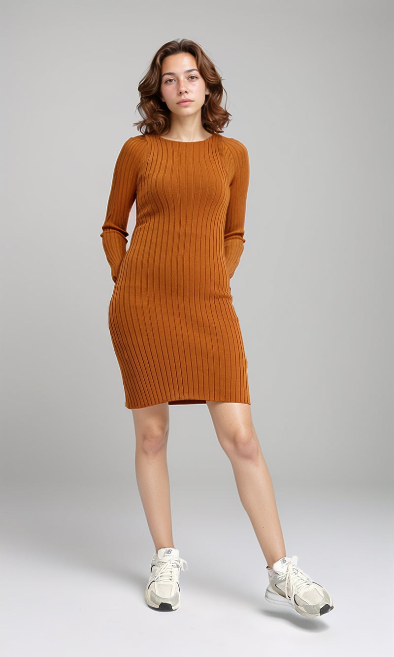 R204687 - Feminine Ribbed Slip On Bodycon Dress - Havana