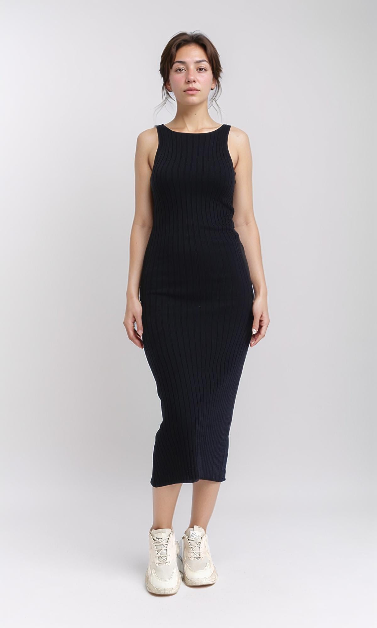 Sleeveless Slip On Ribbed Midi Dress - Black