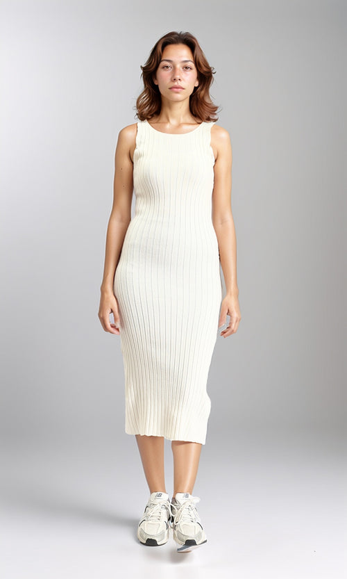 R204691 - Sleeveless Ribbed Long Bodycon Dress - Beige