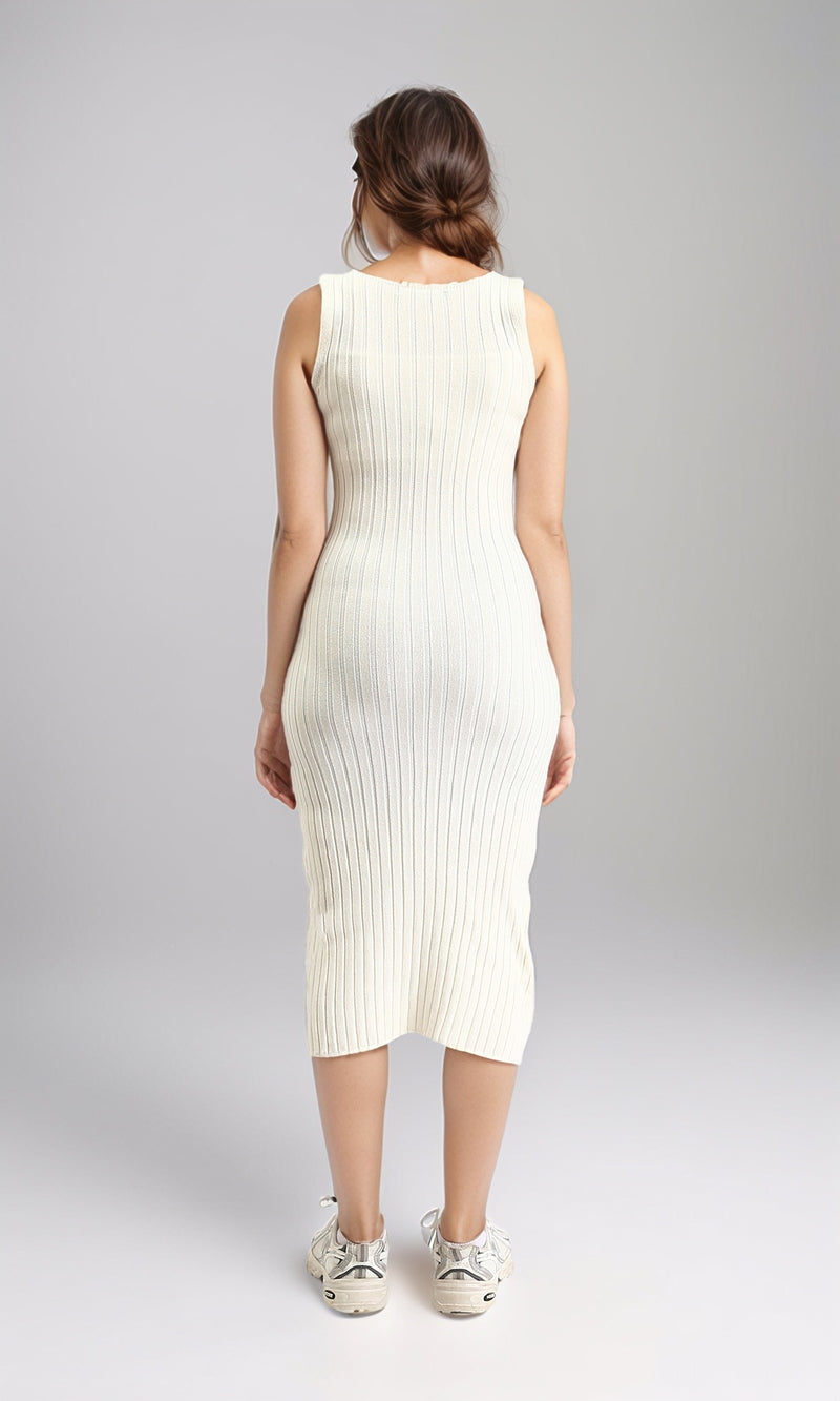 R204691 - Sleeveless Ribbed Long Bodycon Dress - Beige