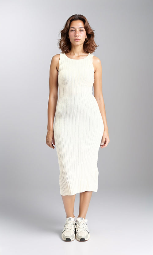R204691 - Sleeveless Ribbed Long Bodycon Dress - Beige