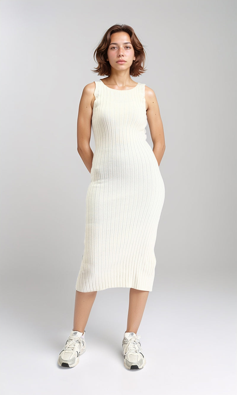R204691 - Sleeveless Ribbed Long Bodycon Dress - Beige