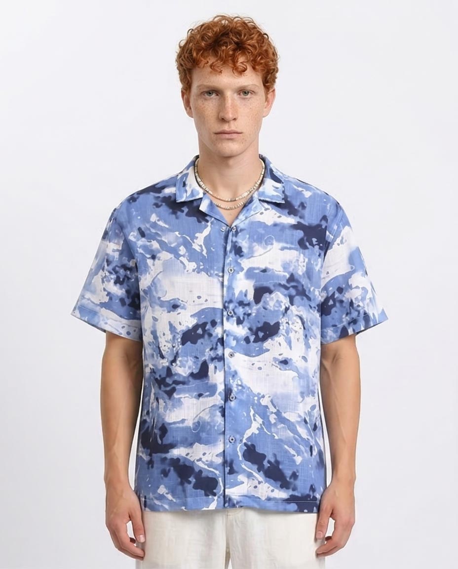 Man wearing a blue camouflage shirt on a white background