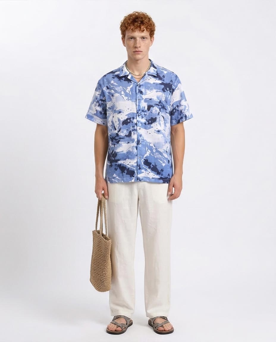 Ravin Abstract Watercolor Resort Shirt in Blue & White - R204704