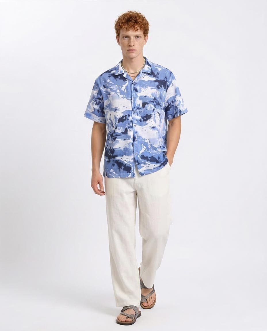 Ravin Abstract Watercolor Resort Shirt in Blue & White - R204704