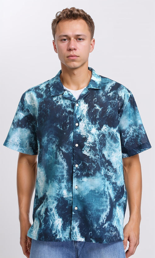 R204705 - Patterned Short Sleeves Summer Shirt - Teal & White