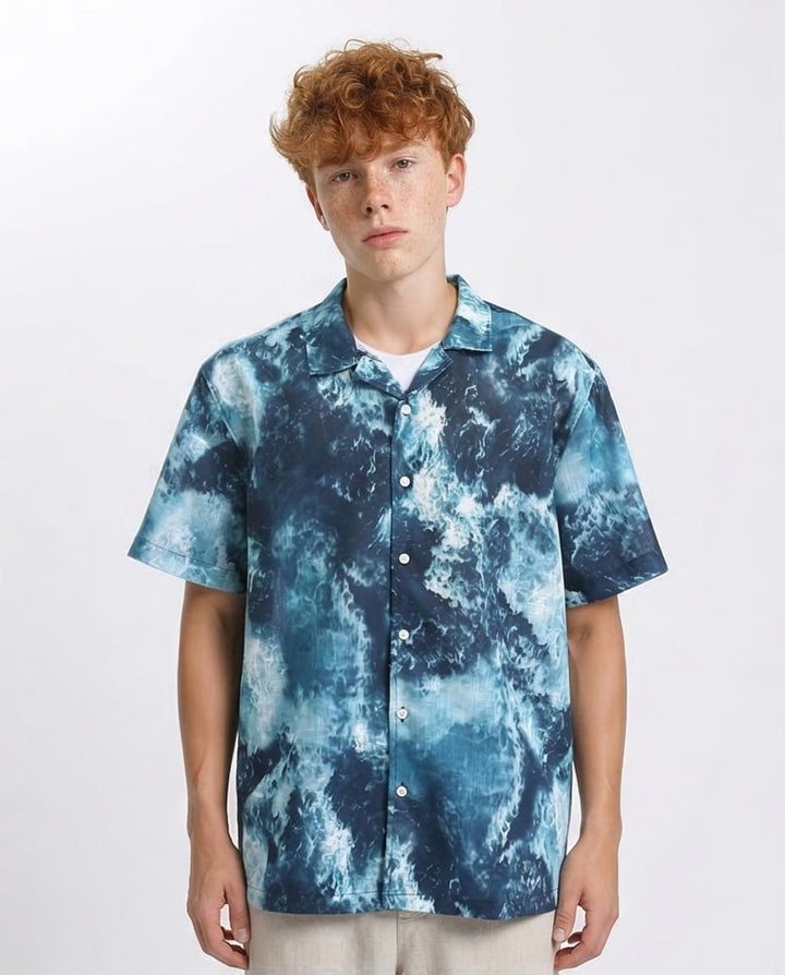 Men's Ocean Wave Print Relaxed Camp Collar Shirt - Teal & White