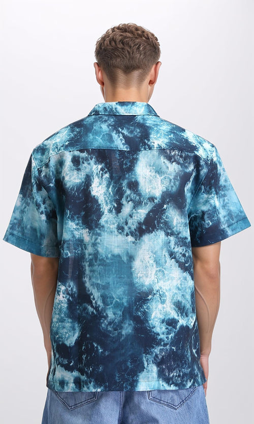 R204705 - Patterned Short Sleeves Summer Shirt - Teal & White