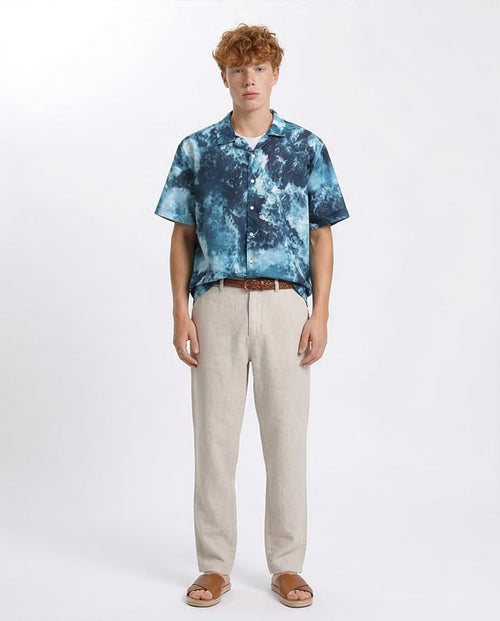 Ravin | Men's Ocean Wave Print Relaxed Camp Collar Shirt - Teal & White - R204705