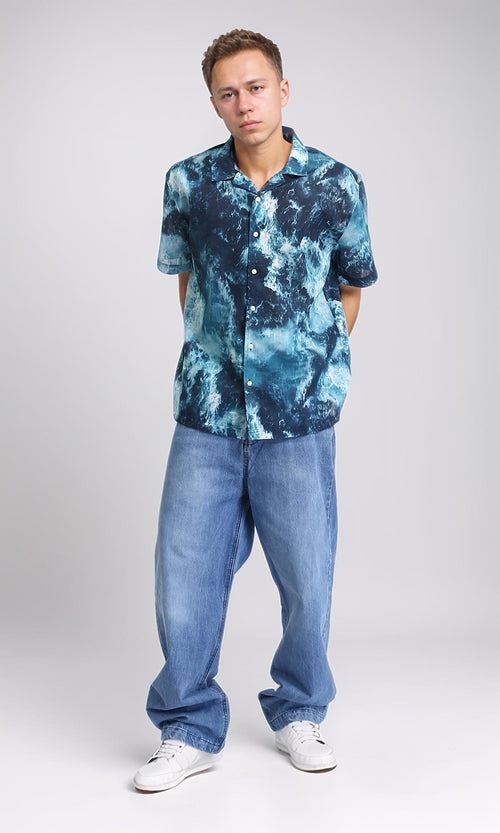 R204705 - Patterned Short Sleeves Summer Shirt - Teal & White