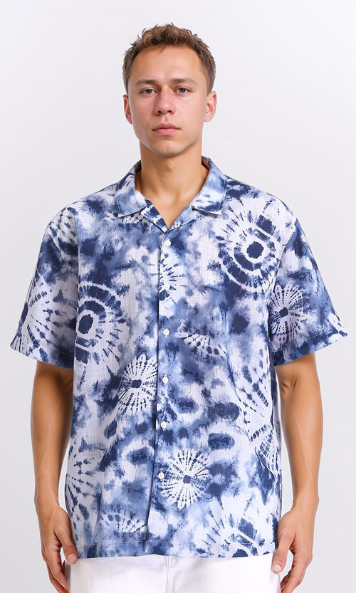 R204706 - Patterned Short Sleeves Summer Shirt - Navy Blue & White