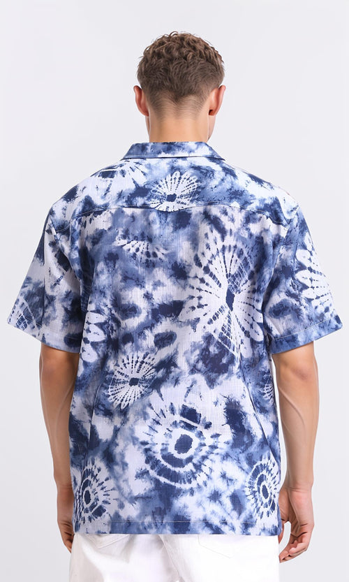 R204706 - Patterned Short Sleeves Summer Shirt - Navy Blue & White